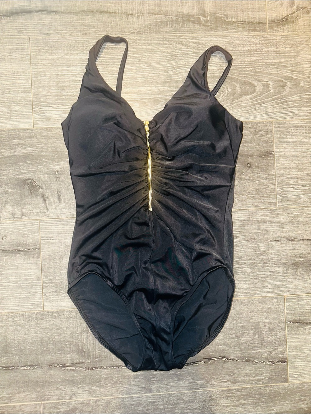 Trimshaper Woman’s Classic Black One-Piece Swimsuit with Gold Zip Detail